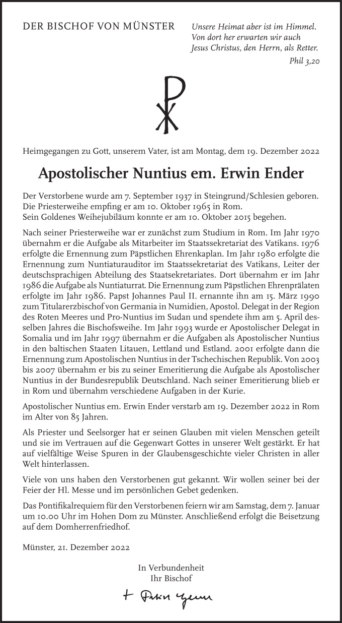 Traueranzeige des Bischof von Münster Dr. Felix Genn für Erwin Ender